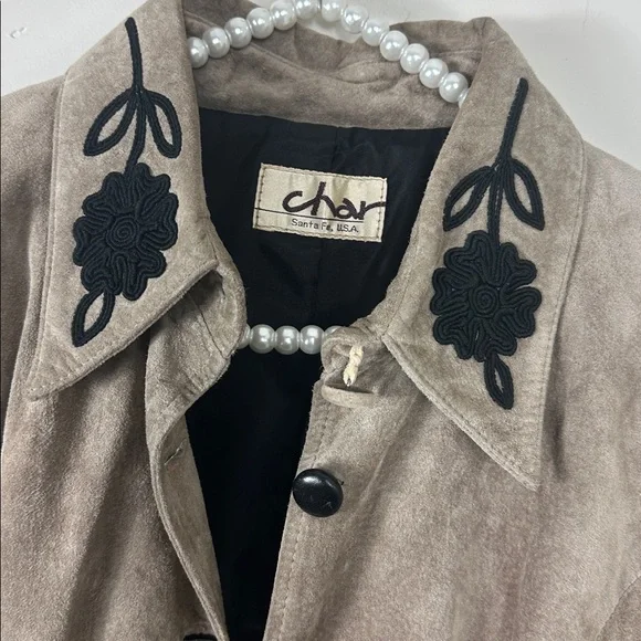 Char Santa Fe Vintage Taupe Tan & Black Long Suede Embroidered Button Up Coat 8 - Picture 2 of 7